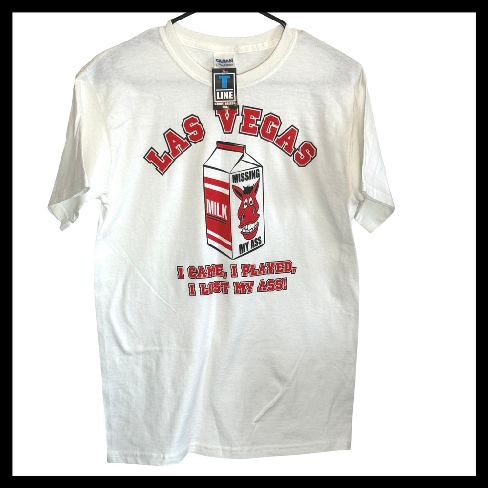NWT Gildan‎ Las Vegas Lost My Ass Funny Graphic T-Shirt White Mens Small NWT